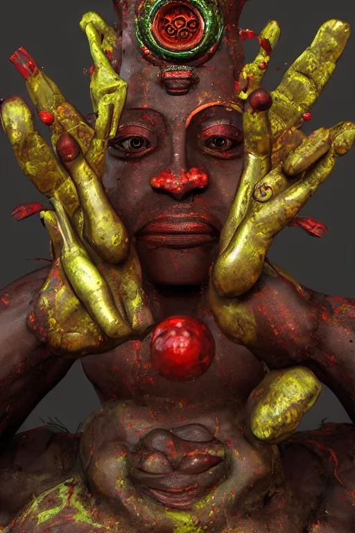 Prompt: epic 3 d omolu, masked ifa deity, liquid hands and feet spinning, 2 0 mm, with brown and red mud melting smoothly into asymmetric bubbles, liquid, healing, intricate, houdini sidefx, trending on artstation, by jeremy mann and ilya kuvshinov, jamie hewlett and ayami kojima, 3 d render