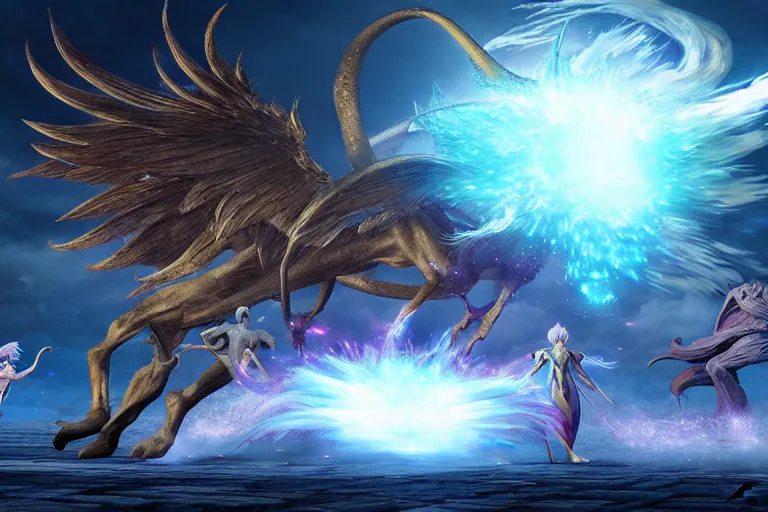 Image similar to summoner of mythical creatures fighting against the outer god. floating planets on the background, box office hit, fantasy, cosmic horror, unreal engine 5, high quality, highly detailed 8 k, art by hiroaki samura and jiro matsumoto and yao wang