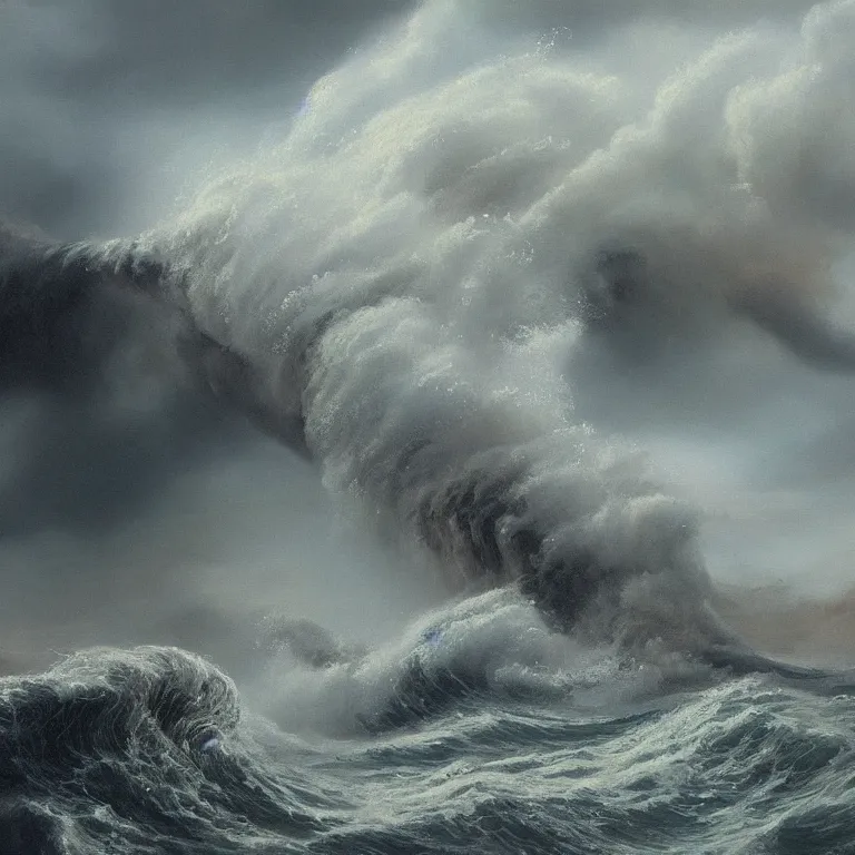 Image similar to a beautiful masterpiece painting of a tsunami in a storm by juan gimenez, award winning, trending on artstation,