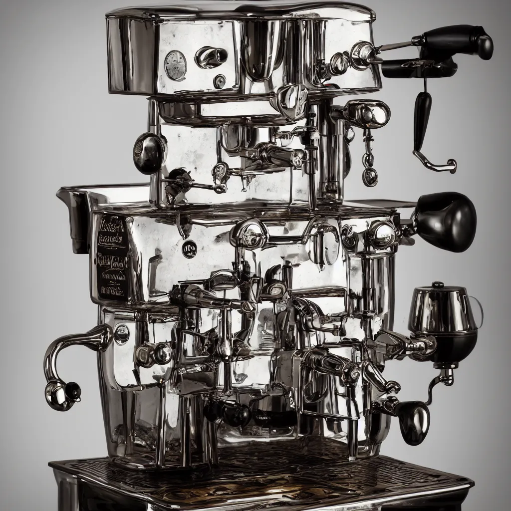 Prompt: wide angle photography of a historic coffee machine, by simon stalenhaag, by louis daquerre, product photography, small depth of field, fresh colors, 4k, highly detailed, trending on artstation