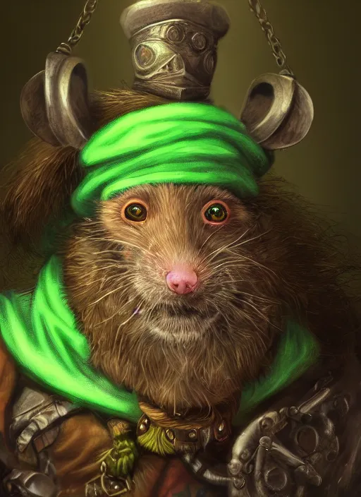 Prompt: humanoid rat with beard, serious, mean eyes, wearing jewelry, tricorne hat, green robe, d & d, digital art, detailed face, highly detailed, trending on artstation, 4 k, sea in the background