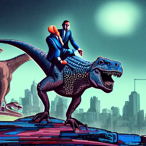 Prompt: detailed intricate colour illustration of a businessman riding a dinosaur, cyberpunk, sci-fi, concept art