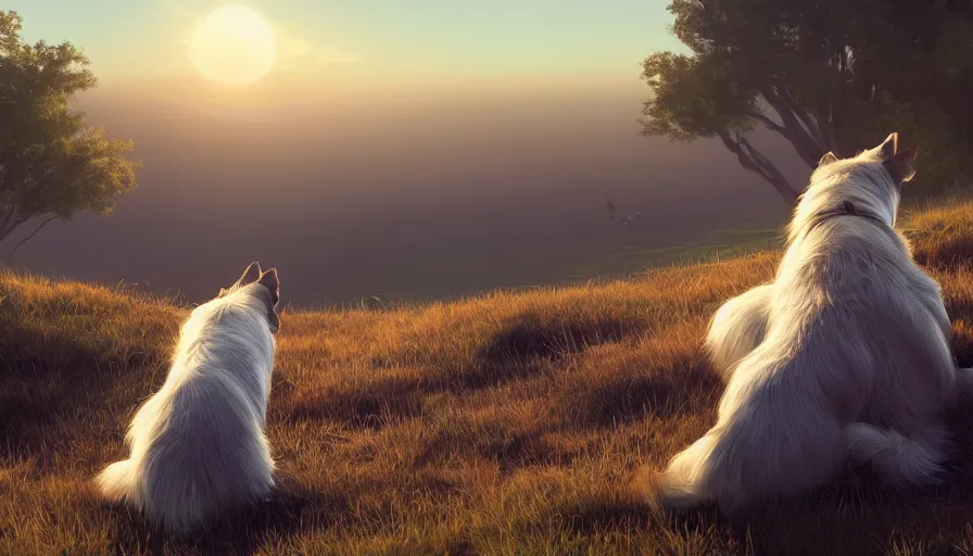 Image similar to back view of dog watching the sun sitting on the hill, hyperdetailed, artstation, cgsociety, 8 k