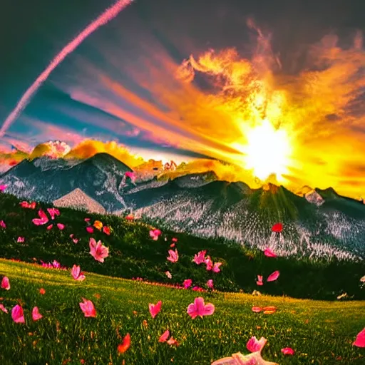 Prompt: low angle photo of the mountains and sky during the sunset. only a very bright star can be seen in the sky and some clouds. some sakura petals in the air. photorealistic