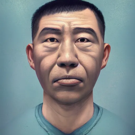 Prompt: inmate Justin Sun, big head in prison, painted by Mike Winkelmann