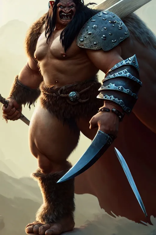 Image similar to orc barbarian wearing leather armor, full body shot, exquisite details, earth magic, mid view, design on a white background, by studio muti, greg rutkowski, makoto shinkai, takashi takeuchi, studio ghibli