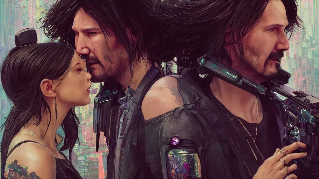 Image similar to a cyberpunk 2077 srcreenshot wedding couple portrait of a Keanu Reeves and a female android final kiss,love,film lighting,by Laurie Greasley,Lawrence Alma-Tadema,Andrei Riabovitchev,Dan Mumford,John Wick,Speed,Replicas,artstation,deviantart,FAN ART,full of color,Digital painting,face enhance,highly detailed,8K,octane,golden ratio,cinematic lighting