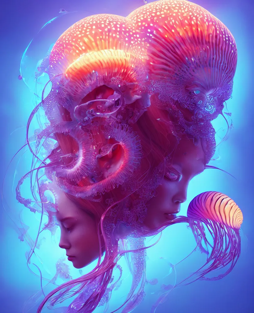 Image similar to goddess close-up portrait. orchid jellyfish phoenix head, nautilus, skull, betta fish, bioluminiscent creatures, intricate artwork by Tooth Wu and wlop and beeple. octane render, trending on artstation, greg rutkowski very coherent symmetrical artwork. cinematic, hyper realism, high detail, octane render, 8k