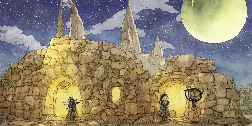 Prompt: a hyperrealist studio ghibli watercolor fantasy concept art of a giant medieval monk and a small grey alien in stonehenge with a starry sky in the background. a giant gold ufo is floating in the air. by rebecca guay, michael kaluta, charles vess