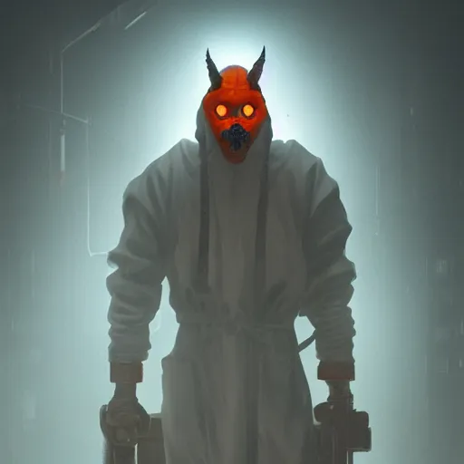 Prompt: hooden villain wearing a red oni mask, orange hazmat suit, dark background, unreal engine 5, ultra realistic, detailed, fog, volumetric lighting, by greg rutkowski,