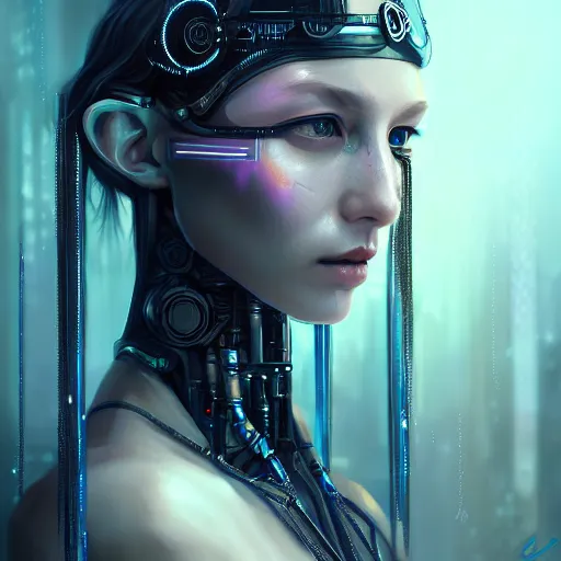 Prompt: cyberpunk robotic dark elvish queen, diadem on the head, black tears, extremely detailed, hyperrealistic, intricate, soft light, fantasy, digital painting, art station, perfect faces, fine details, by wlop