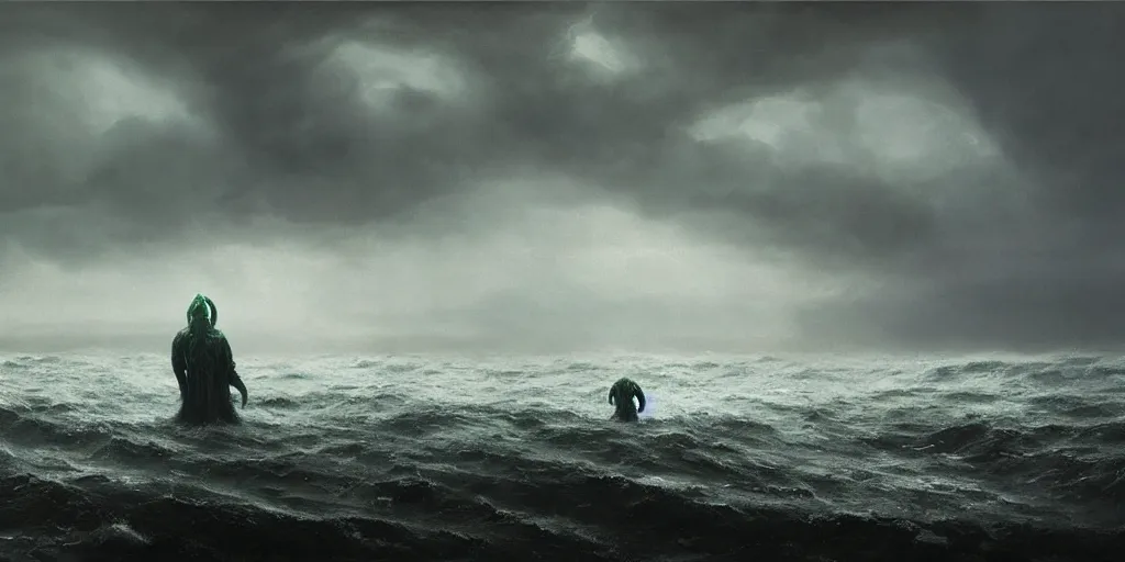 Prompt: cthulhu rising out of the ocean, hyper realistic oil painting, dark, moody cinematic lighting, creepy, fog, storm clouds, by greg rutkowski, trending on artstation