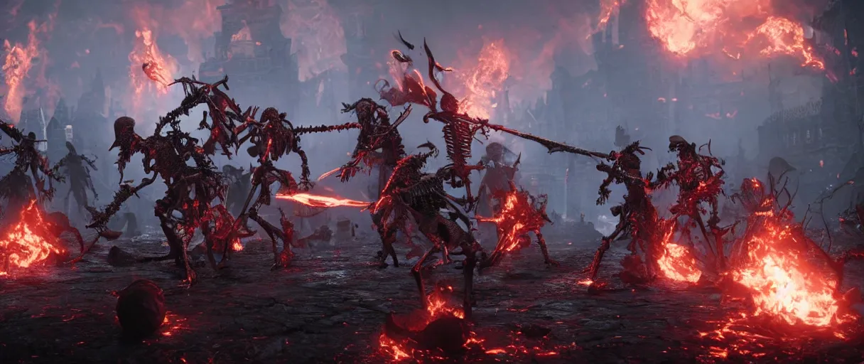 Image similar to a group of flaming skeleton warriors in the aftermath of a battle, bloodborne, cinematic, unreal engine, artstation, 8k