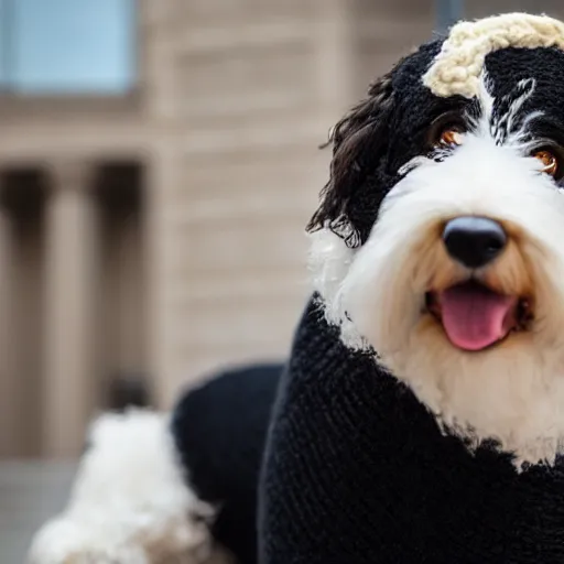 Image similar to a closeup photorealistic photograph of a cute smiling knitted bernedoodle judge dog dressed in a black gown, presiding over the courthouse. indoors, professional capture, well lit shot. this 4 k hd image is trending on artstation, featured on behance, well - rendered, extra crisp, features intricate detail, epic composition and the style of unreal engine.