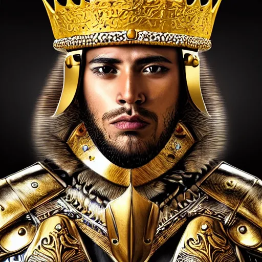 Prompt: Hyper-realistic portrait of the King of the Desert, Warrior at war, battle field, Gold Armour and Crown, Sword, handsome attractive face, attractive young man, beautiful face, photo realistic, dramatic lighting, majestic, trending on artstation, elegant, intricate, highly detailed, digital painting, concept art, sharp focus, illustration, art by artgerm and greg rutkowski and alphonse mucha