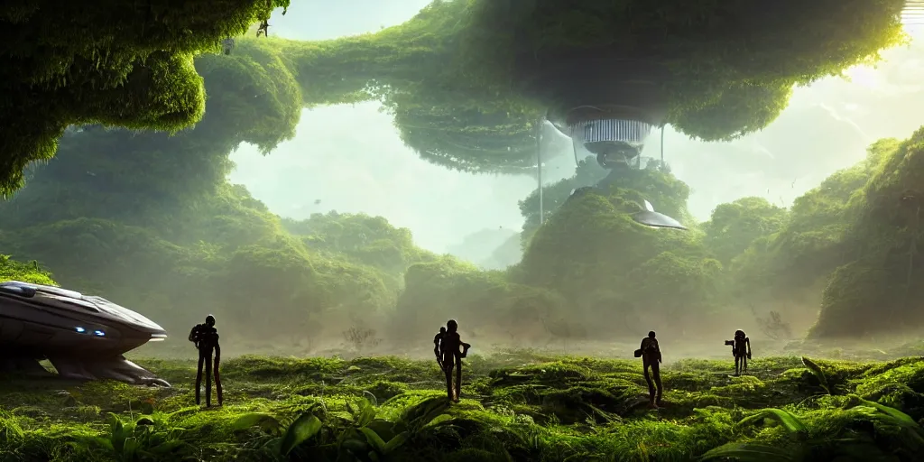 Prompt: a huge futuristic rusty old alien spaceship, next to it a smaller exploration ship on a landing pad, surrounded by a lush alen jungle, in the foreground two explorers are arguing next to tiny animals!!, the animals are walking around, dawn, volumetric light, hyperdetailed, artstation, cgsociety, 8k