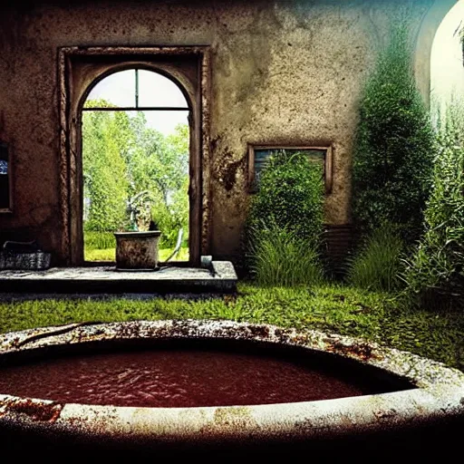 Prompt: hyperrealism photography computer simulation visualisation of parallel universe detailed old rusty bath in the detailed ukrainian village garden in dramatic scene from art house futuristic movie by caravaggio and alejandro jodorowsky and andrei tarkovsky