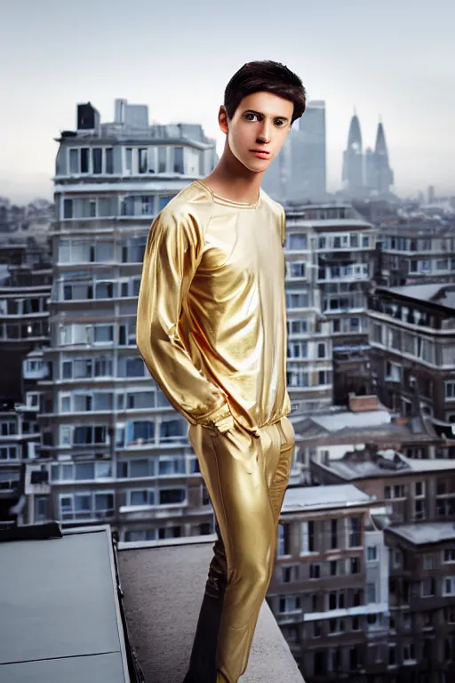 Image similar to un ultra high definition studio quality photographic art portrait of a young man standing on the rooftop of a british apartment building wearing soft padded silver pearlescent clothing. three point light. extremely detailed. golden ratio, ray tracing, volumetric light, shallow depth of field. set dressed.