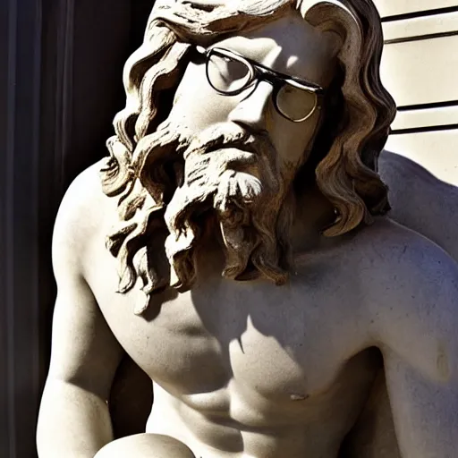 Prompt: a statue of a handsome guy with chestnut hair long hair glasses as a greek god