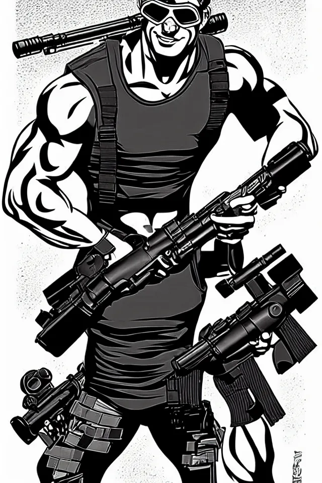 Image similar to muscular man, black vest with no shirt underneath, goggles around his neck, cargo pants, ammo belt, holding a blaster, long black hair in a ponytail, five o' clock shadow, comic book art, full body shot