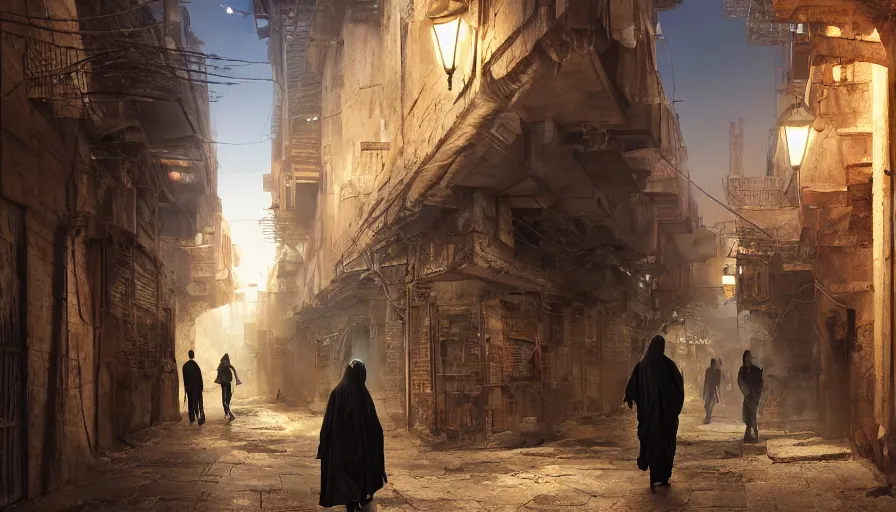 Image similar to old jeddah city alley, roshan, shops, magical glowing time portal, a nomad wearing a worn out coat, plants, kids, dramatic lighting sci fi, by caspar david friedrich by beeple and james gilleard and justin gerard, centered, artstation, smooth, sharp focus, photoreal octane render, 3 d, by jean baptiste monge
