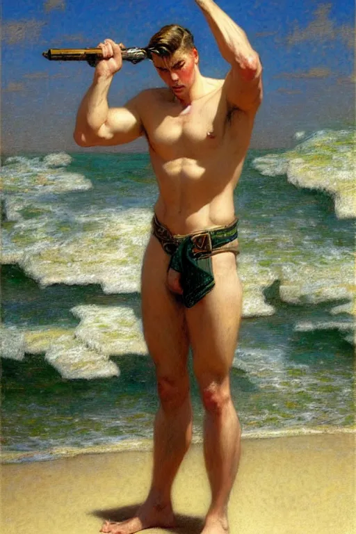 Prompt: beach, attractive male, character design, dynamic lighting, cool and bright tint, painting by gaston bussiere, craig mullins, j. c. leyendecker, tom of finland