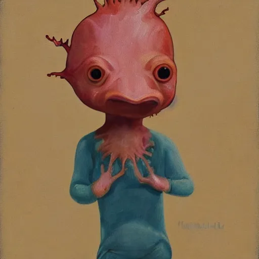 Prompt: Creepy painting of anthropomorphic axolotl