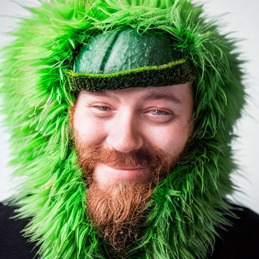 Prompt: a man in a furry avocado costume, portrait photography, close up, sigma 8 5 mm