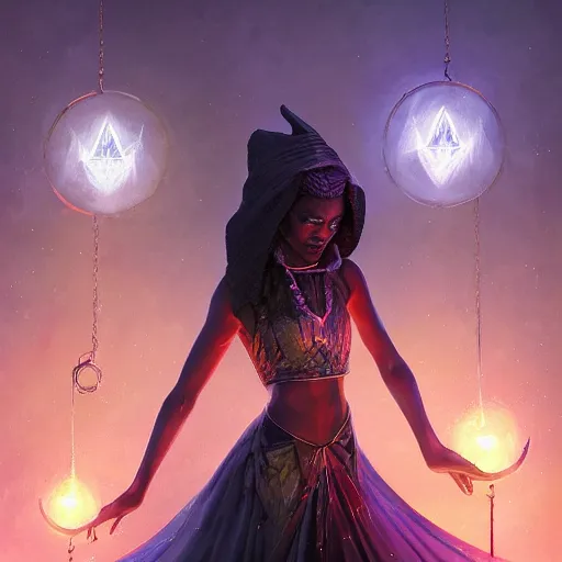 Image similar to anna podedworna illustration of black young witch casting a spell, geometric spell prism, fantasy, mtg, digital 2d, trending on artstation, artstation, dramatic lighting, blurred background, hyper detailed, ultrarealistic, masterpiece, digital art