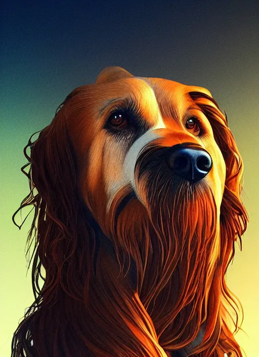 Prompt: beautiful illustration of a dog, gorgeous, amazing, flowing hair, muscular, very muscular male body, in the style abigail larsonand and sam guay, rim light, beautiful lighting, 8 k, stunning scene, octane, trending on artstation