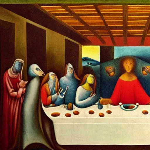 Image similar to The Last Supper, Leonora Carrington, oil on wood, 1451