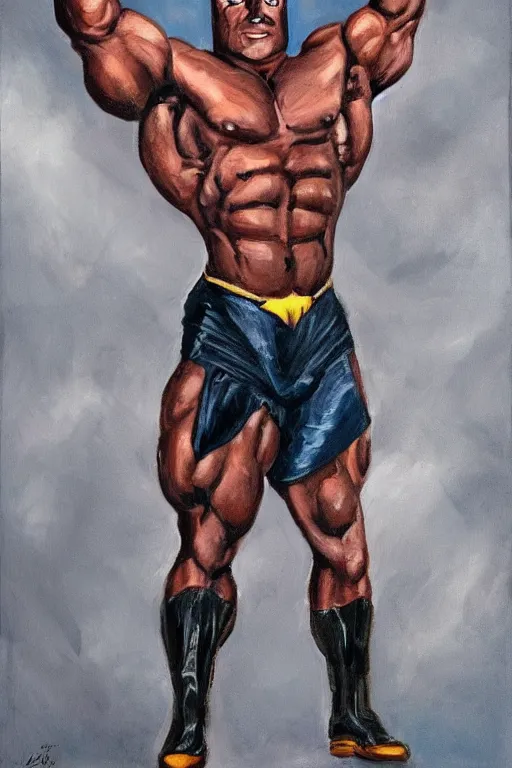 Image similar to A portrait painting of a masculine bodybuilder in the clothing of the Batman