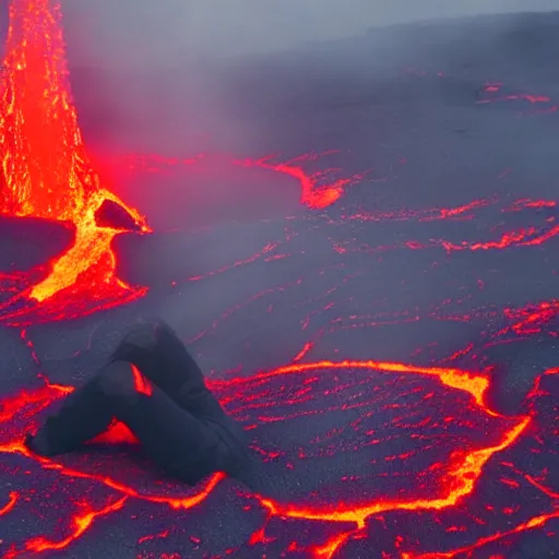 Image similar to back of a man submerged in flowing lava on a volcano with magma eruptions