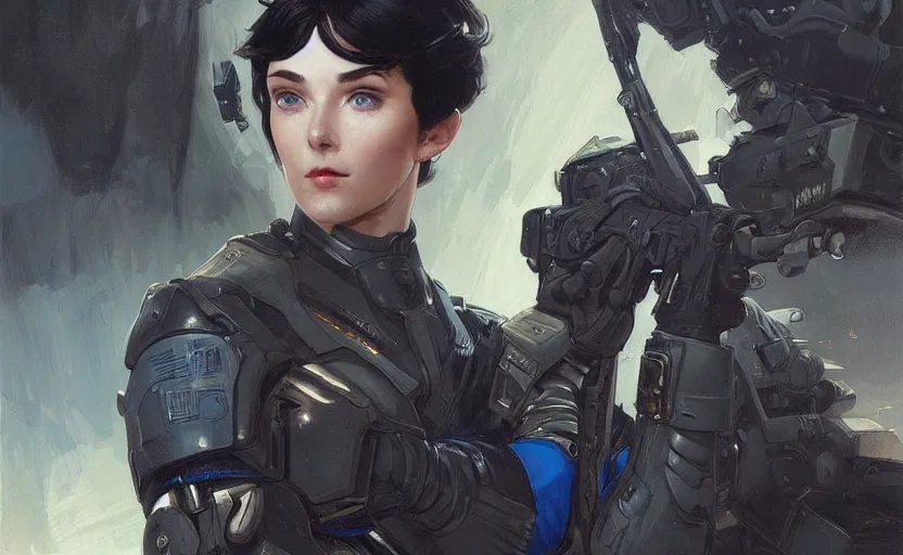 Image similar to woman dressed in scifi military uniform and armor with black hair and blue eyes, elegant, digital illustration, detailed, intricate, sharp focus, digital painting, deep focus, digital painting, artstation, concept art, matte, art by artgerm and greg rutkowski and alphonse mucha