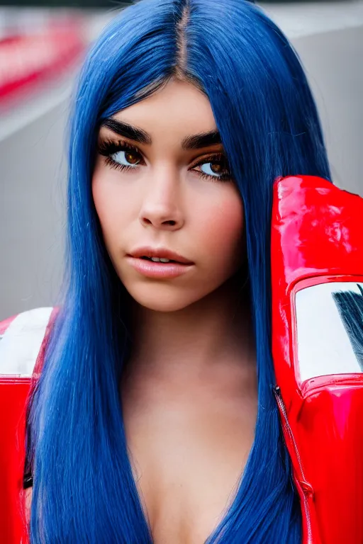 Prompt: a highly detailed, beautiful photo of a madison beer as a 1 9 7 0 s female james hunt, at circuit de spa - francorchamps, symmetrical face, beautiful eyes, cobalt blue hair, realistic, 8 k, award winning photo, motor sport photography,, back lit lighting,