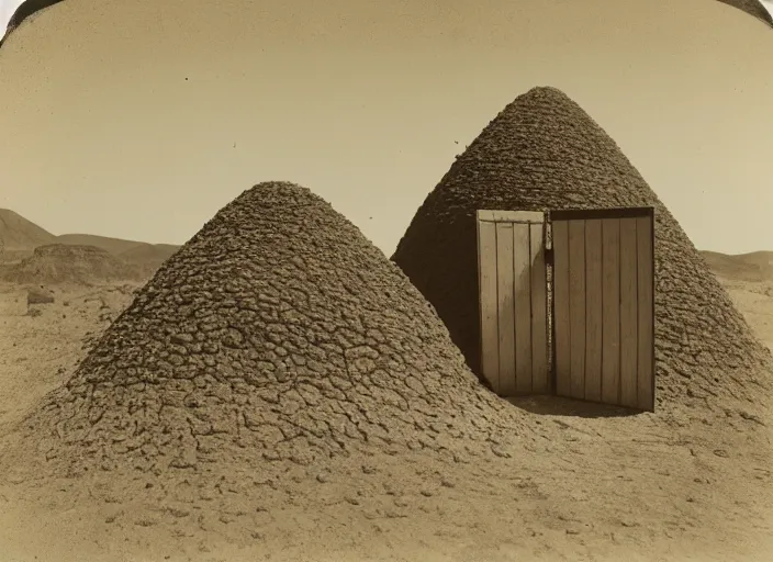 Image similar to Photograph of a small hexagonal dirt tumulus in a lush desert, with a wooden door, albumen silver print, Smithsonian American Art Museum