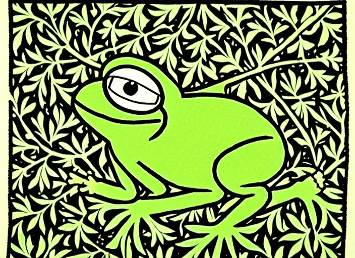 Prompt: pepe the frog, by william morris