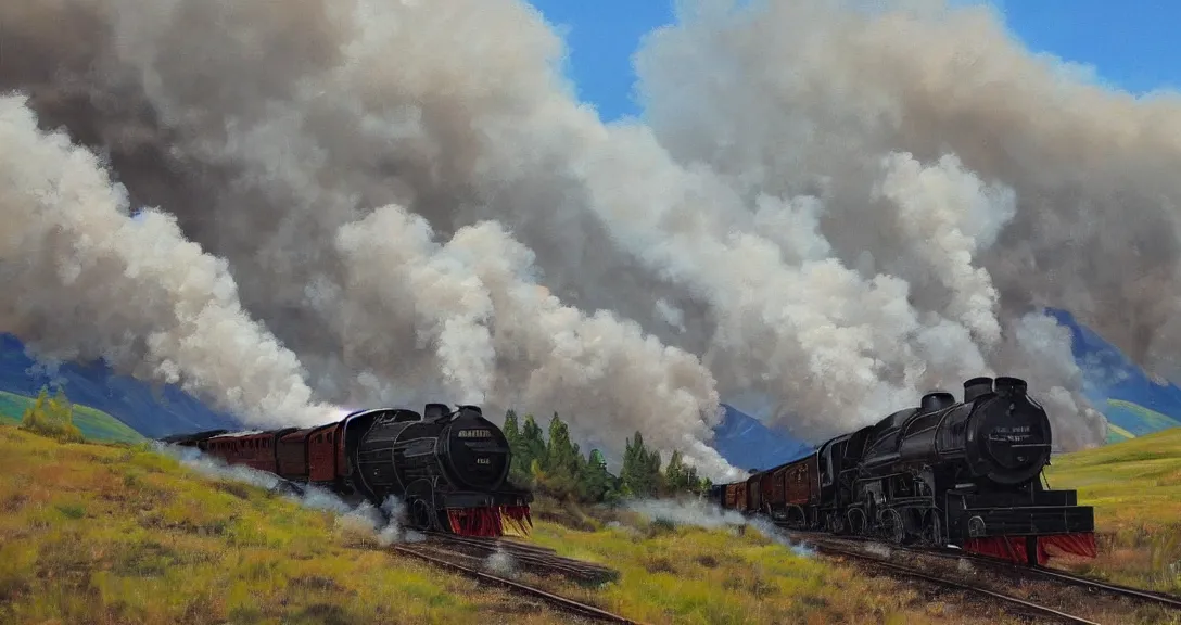 Image similar to a steam train in the distance, rocky mountains!, smoke in the distance!, beautiful, by norman wilson, oil painting, valley!