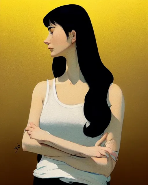 Prompt: cottagecore hyper - realistic portrait of a woman in black sleeveless t - shirt, black hair, persian daisy, by atey ghailan, by greg rutkowski, by greg tocchini, by james gilleard, by joe fenton, by kaethe butcher, dynamic lighting, gradient light yellow, brown, blonde cream and white color scheme, grunge aesthetic