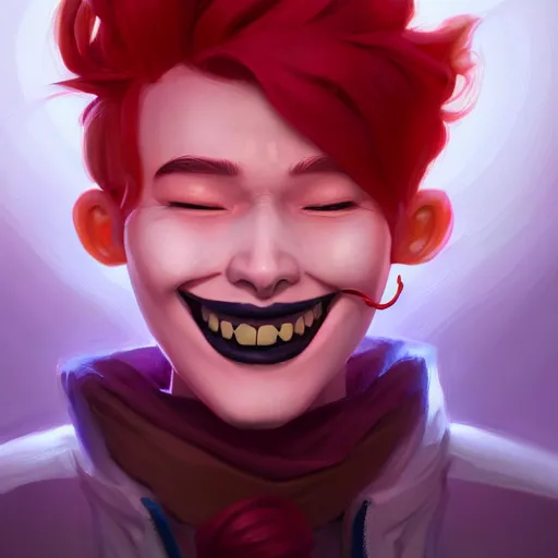Image similar to a portrait of the happy mask salesman, grinning, red hair, art by lois van baarle and loish and ross tran and rossdraws and sam yang and samdoesarts and wlop, digital art, highly detailed, intricate, sharp focus, trending on artstation hq, deviantart, unreal engine 5, 4 k uhd image