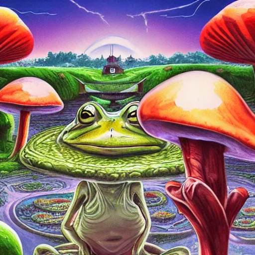 Image similar to A centered chest up portrait of a psychedelic godlike anthropomorphic frog smoking a hand-rolled cigarette , magic mushroom village in background . award winning. superb resolution. in the art style of junji Ito and greg rutkowski . Detailed Mushroom city in background. Hyper realistic anime. Perfect art. Dalle2