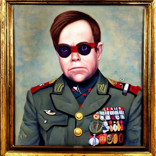 Prompt: “Oil painting of Elton John as a World War 1 general, 4k”