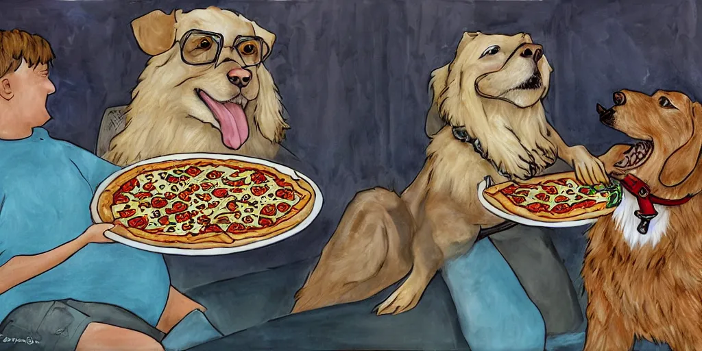 Image similar to a handsome dog the bounty hunter shares pizza with a furry, by wanda gag