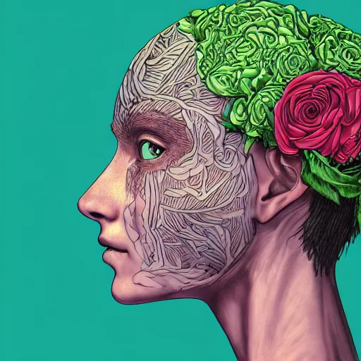 Prompt: the anatomy of a head of lettuce with roses that resemble a beautiful young wise woman, an ultrafine detailed illustration by james jean, intricate linework, bright colors, final fantasy, behance contest winner, vanitas, angular, altermodern, unreal engine 5 highly rendered, global illumination, radiant light, detailed and intricate environment