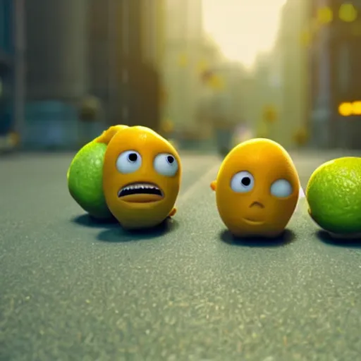 Prompt: a cinematic film still from a 2022 Pixar movie about anthropomorphic lemons and limes, in the style of Pixar, shallow depth of focus