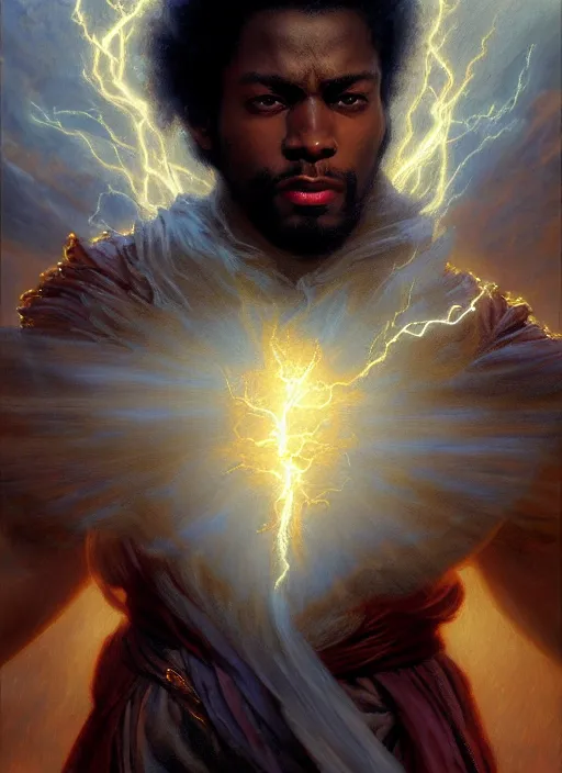 Image similar to young black man, god of lightning, flowing robes, powerful, smug expression, highly detailed painting by gaston bussiere, craig mullins, j. c. leyendecker 8 k, sparkling storm clouds