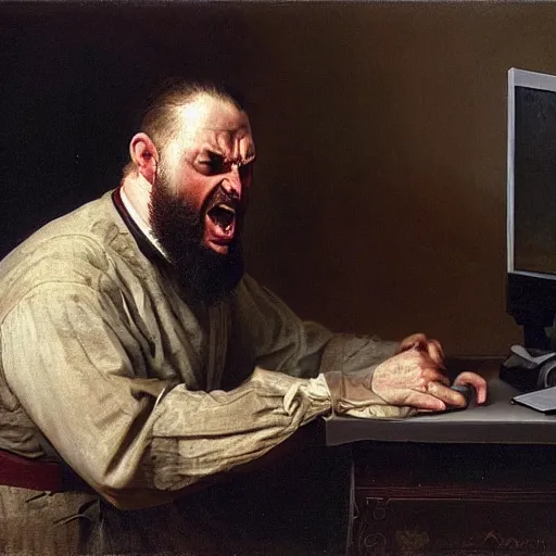 Image similar to an angry man yells at his computer monitor, oil on canvas, 1 8 8 3, highly detailed, high resolution