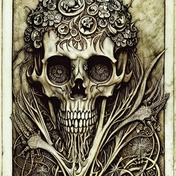 Image similar to memento mori by arthur rackham, art forms of nature by ernst haeckel, exquisitely detailed, art nouveau, gothic, ornately carved beautiful skull dominant, intricately carved antique bone, art nouveau botanicals, ornamental bone carvings, art forms of nature by ernst haeckel, horizontal symmetry, arthur rackham, ernst haeckel, symbolist, visionary