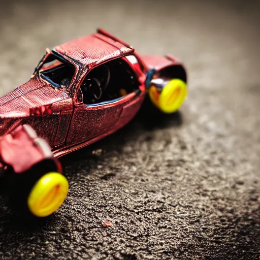 Image similar to hotwheels car with mecanum wheels, macro photography, professional