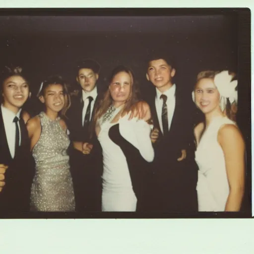 Prompt: polaroid photo of high school prom night